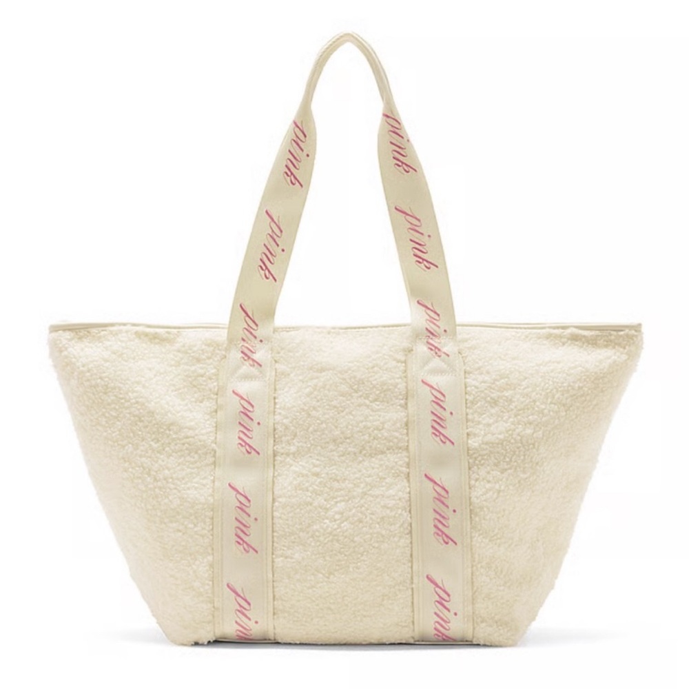Victoria's Secret Cream and Pink plush Tote bag nwt